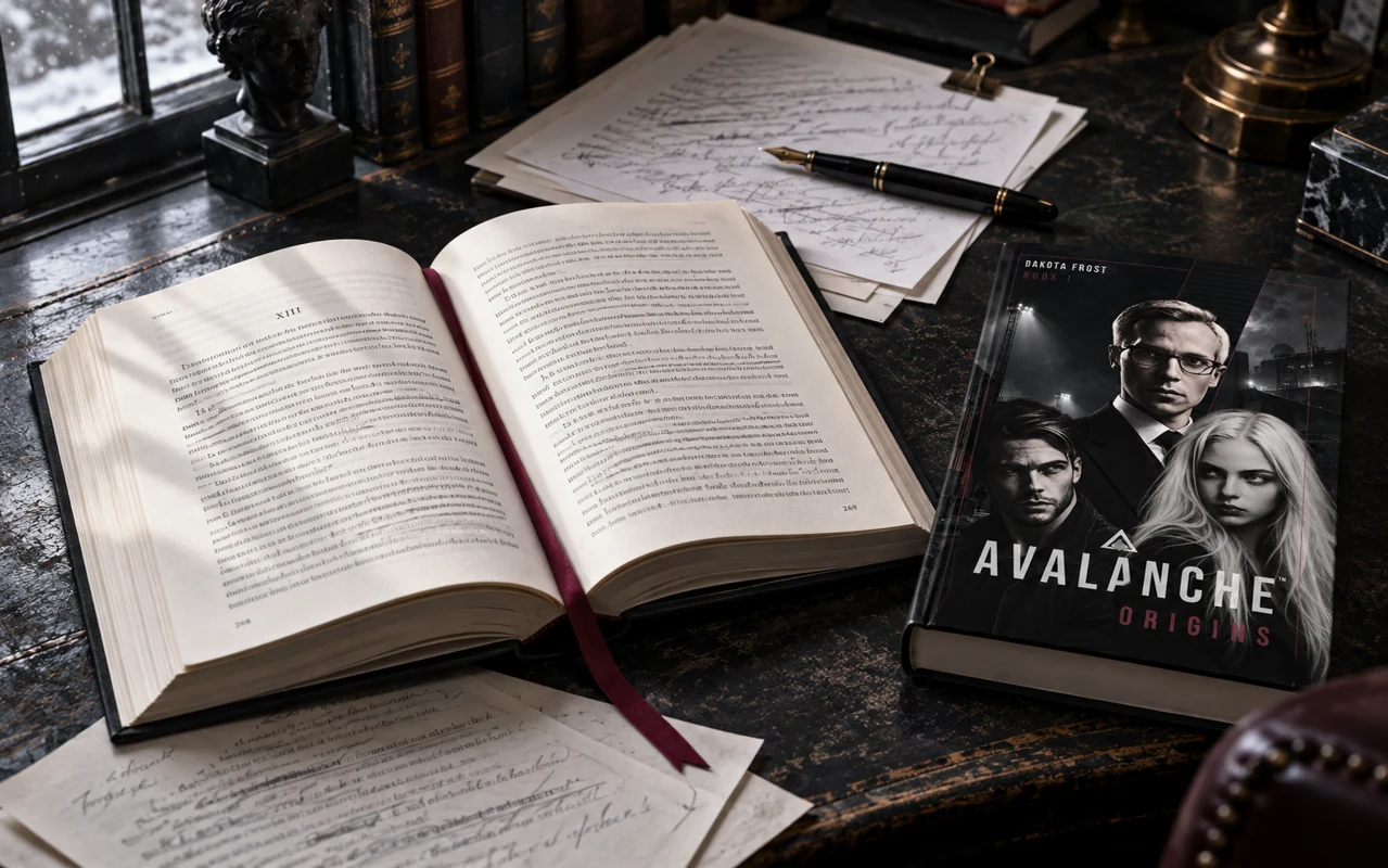 An open novel and the Avalanche Origins book on a writing desk