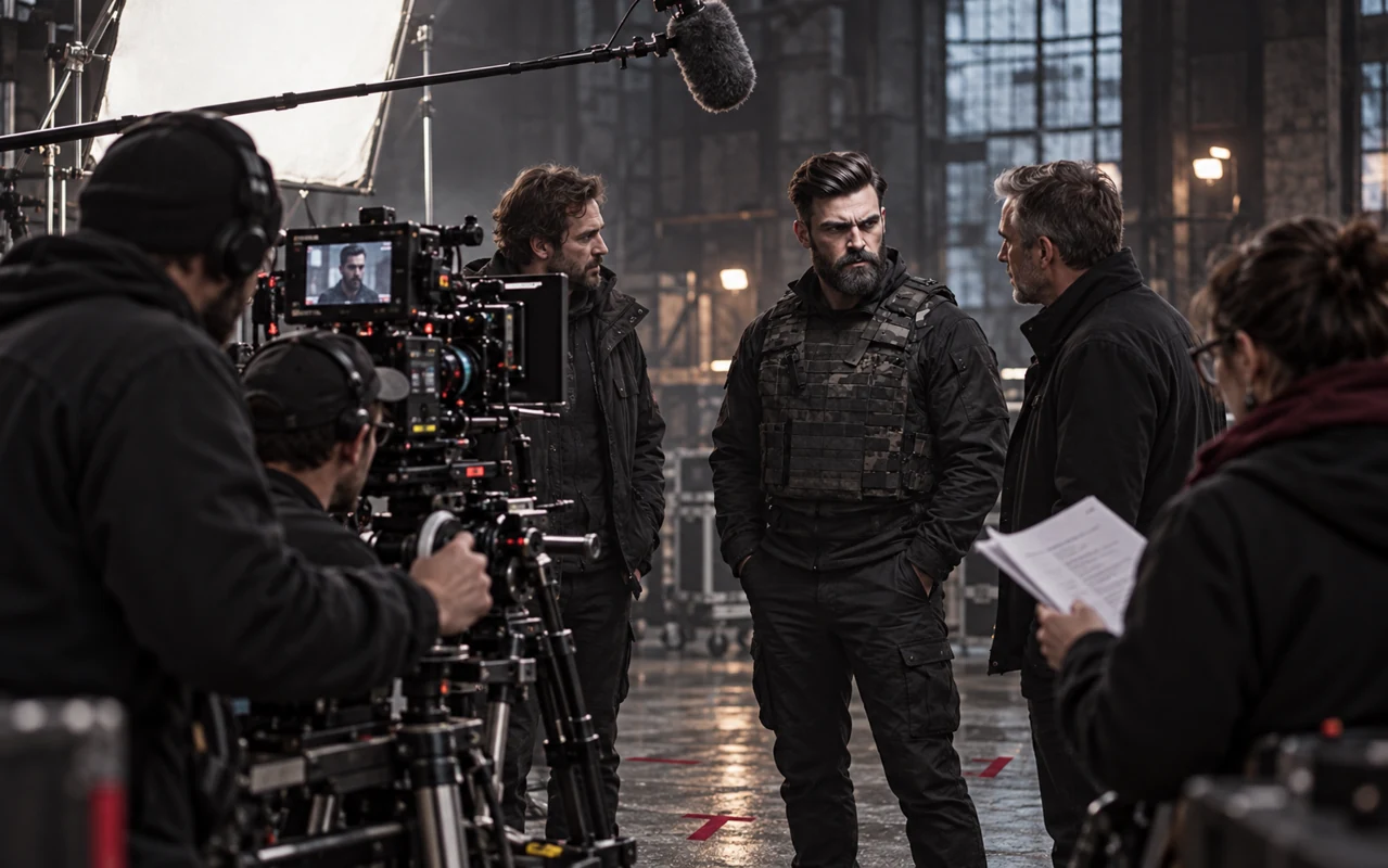 AI-generated concept of a film crew preparing a scene with Moses